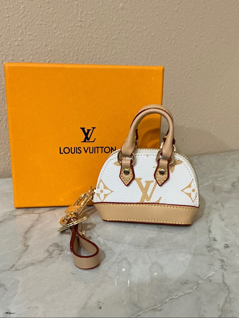 LV White & Tan Mini Alma Keychain Wristlet Pouch or Bag Charm with Gold Hardware